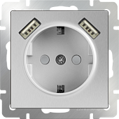Купить Розетка Werkel WL06-SKGS-USBx2-IP20 одноместная с USBх2 с заземлением и защитными шторкам серебряный по низкой цене