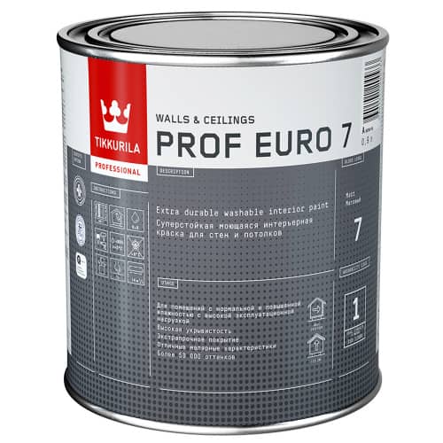 Купить Краска интерьерная моющаяся TIKKURILA Prof Euro 7 база А 0,9 л по низкой цене