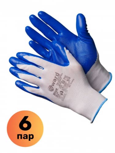 Купить Перчатки Gward из белого нейлона с синим нитриловым покрытием, 6 пар, размер 9L по низкой цене