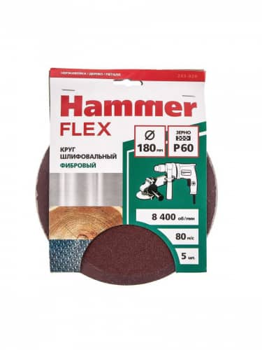 Купить Круг HAMMER Flex шлифовальный фибровый 243-020, 180 мм, P60, 8400 об/мин, 80 м/с 5 шт по низкой цене
