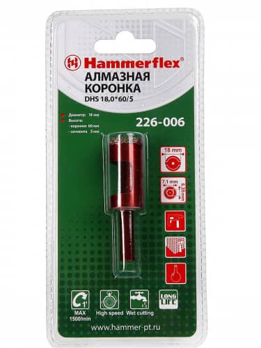 Купить Коронка HAMMER Flex 226-006 алмазная трубчатая, керамогранит, DHS 18,0x60/5, A3, алмаз 60Р по низкой цене