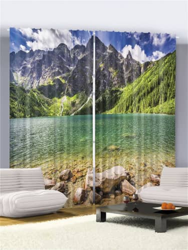 Купить Шторы JoyArty с фотопечатью Чистое озеро у горы из сатена, 290х265 см по низкой цене