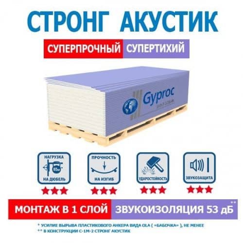 Гипсокартон Gyproc Акустик Стронг звукоизоляционный 3000х1200 мм