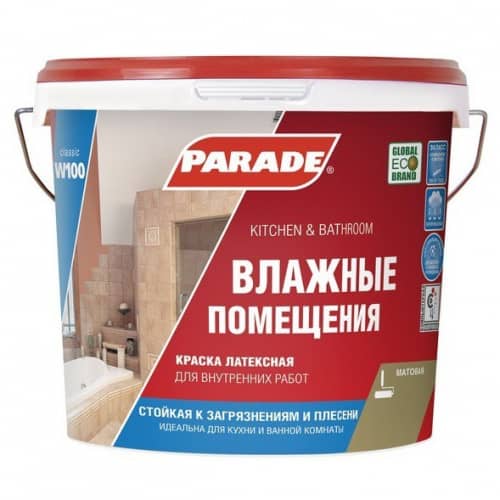 Купить Краска Parade Classic W100 Влажные помещения, латексная, интерьерная, основа С 0,9 л по низкой цене