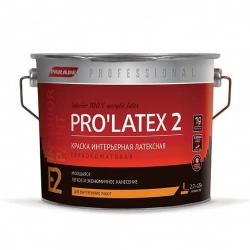 Купить Краска Parade Professional E2 Pro Latex2 латексная, интерьерная, глубокоматовая, основа А 2,7 л по низкой цене