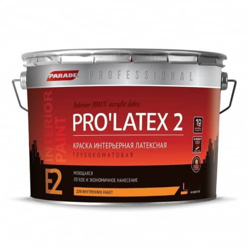 Купить Краска Parade Professional E2 Pro Latex2 латексная, интерьерная, глубокоматовая, основа А 9 л по низкой цене
