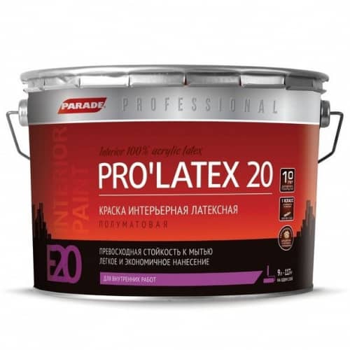 Купить Краска Parade Professional E20 Pro Latex20 латексная, интерьерная, полуматовая, основа С 9 л по низкой цене
