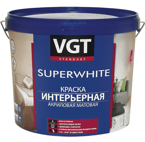 Купить Краска VGT ВД-АК-2180 интерьерная супербелая 7 кг по низкой цене