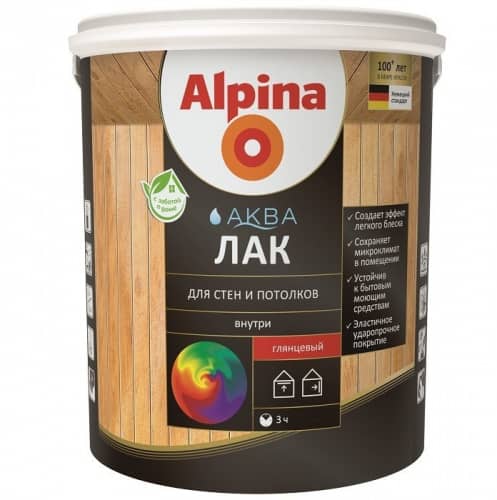 Купить Лак Alpina Аква акриловый, для стен и потолков, глянцевый, колеруемый 10 л по низкой цене