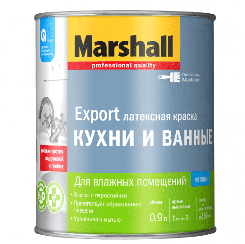 Купить Краска Marshall Export база BW для кухни и ванной матовая 0,9 л по низкой цене