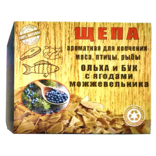 Купить Щепа для копчения «ОЛЬХА+БУК+ЯГОДЫ МОЖЖЕВЕЛЬНИКА» 430 мл по низкой цене