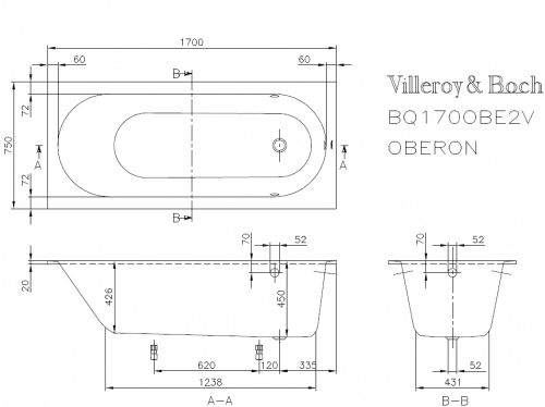 Купить Ванна Villeroy & Boch Oberon квариловая UBQ170OBE2V-01 170х75 см по низкой цене