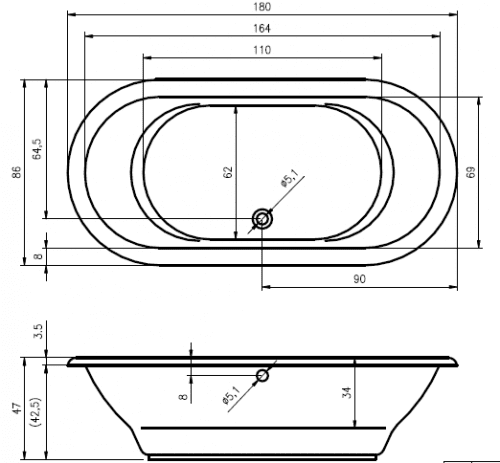 Купить Ванна Riho Seth акриловая 180x86 см по низкой цене