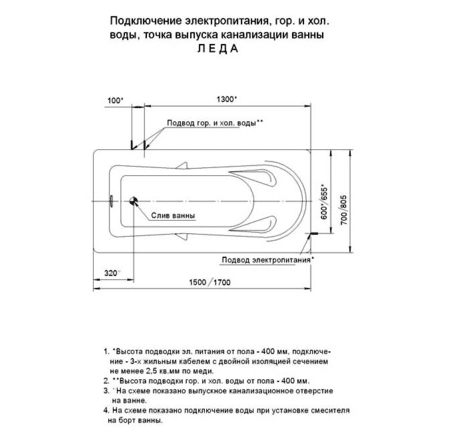 Купить Ванна Aquatek Леда акриловая с гидромассажем, стандартные форсунки 170х80 см по низкой цене