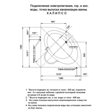 Купить Ванна Aquatek Калипсо акриловая, угловая с гидромассажем, плоские форсунки 146х146 см по низкой цене