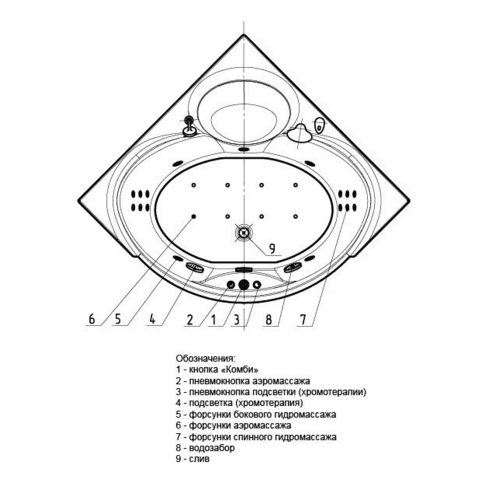Купить Ванна Aquatek Эпсилон акриловая, угловая с гидромассажем, стандартные форсунки 150x150 см по низкой цене