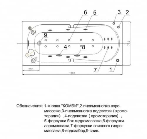 Купить Ванна Aquatek Лея акриловая с гидромассажем, плоские форсунки 170х75 см по низкой цене