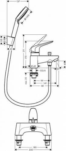 Купить Смеситель Hansgrohe Novus 71044000 на борт ванны по низкой цене