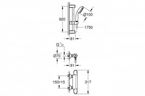 Душевой гарнитур Grohe Grohtherm 1000 New 34256004 со штангой 900 мм