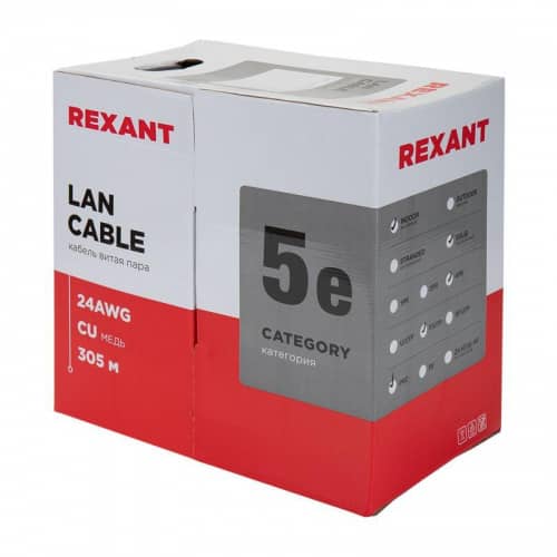 Купить Кабель витая пара F/UTP кат.5e 4х2х24AWG solid CU PVC сер. 305м (м) Rexant 01-0143 по низкой цене