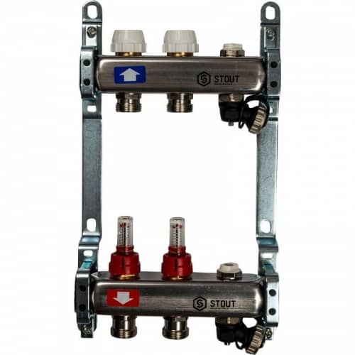 Купить Коллектор Stout распределительный SMS 0927 000002 на 2 контура с расходомерами с выпускным клапаном и сливом по низкой цене