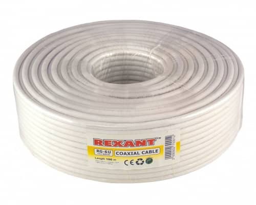 Купить Кабель Rexant коаксиальный RG-6U+Cu 75 Ом Cu/Al/Cu 64% белый бухта 100 м по низкой цене