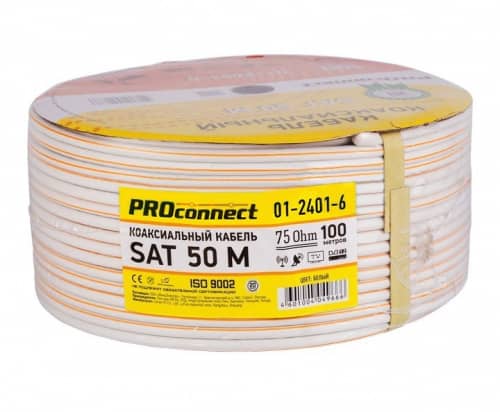 Купить Кабель Proconnect коаксиальный SAT 50 M 75 Ом Cu/Al/Cu 64% белый бухта 100 м по низкой цене