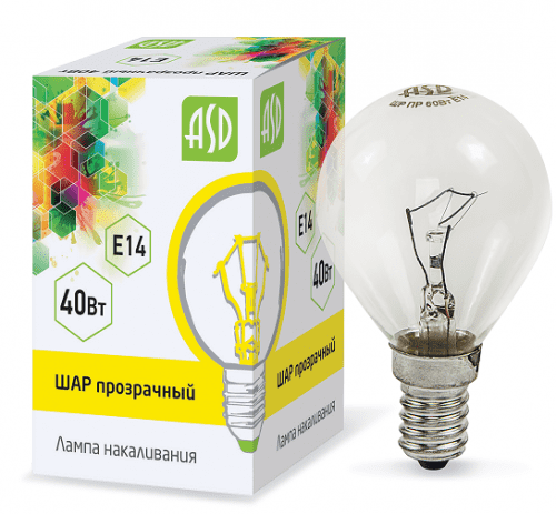 Купить Лампа ASD P45 Шар 40Вт Е14 накаливания прозрачная по низкой цене