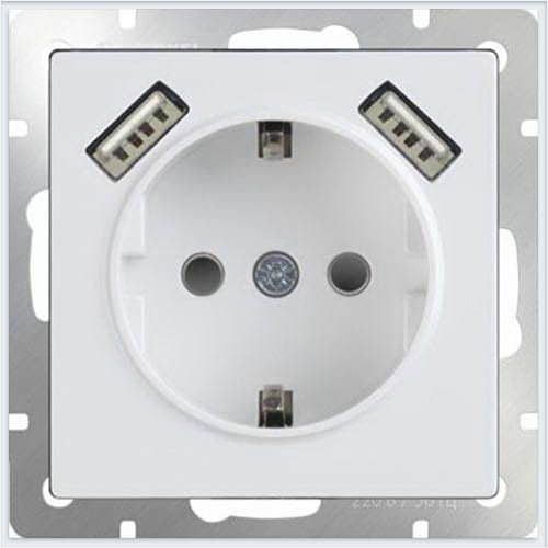 Купить Розетка Werkel WL01-SKGS-USBx2-IP20 одноместная с USBх2 с заземлением и защитными шторкам белый по низкой цене