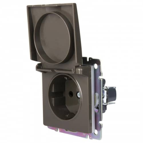 Купить Розетка Werkel WL07-SKGSC-01-IP44 одноместная с заземлением и защитными шторками с крышкой серо-коричневый по низкой цене