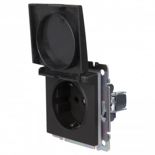 Купить Розетка Werkel WL08-SKGSC-01-IP44 одноместная с заземлением и защитными шторкам с крышкой черный матовый по низкой цене