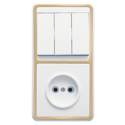 Купить Блок розетки с выключателем Кунцево-Электро Бэлла БКВР-039 трехклавишный белый с золотом по низкой цене