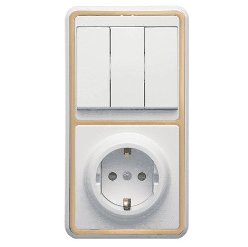 Купить Блок розетки с выключателем Кунцево-Электро Бэлла БКВР-036 трехклавишный белый с золотом по низкой цене