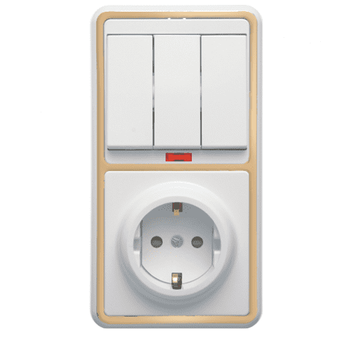 Купить Блок розетки с выключателем Кунцево-Электро Бэлла БКВР-209 трехклавишный белый с золотом по низкой цене