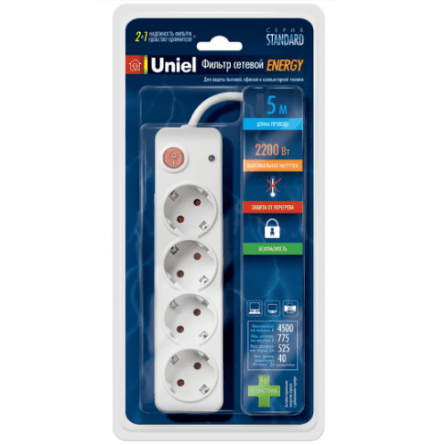 Купить Удлинитель Uniel Energy SGSP45E 4 розетки с заземлением и термопредохранителем 2200 Вт 5 м по низкой цене