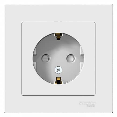 Купить Розетка Schneider Electric AtlasDesign ATN000144 одноместная с заземлением и защитными шторками белая по низкой цене