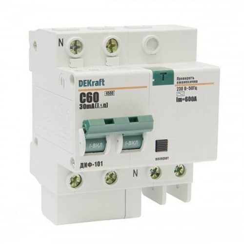 Купить Автоматический выключатель DEKraft ДИФ-101 2п C 60А 30мА тип AC 4.5кА дифференциального тока по низкой цене