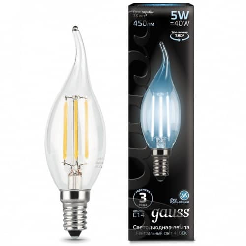 Купить Лампа Gauss 104801205 Filament Candle tailed 5W E14 4100K светодиодная по низкой цене