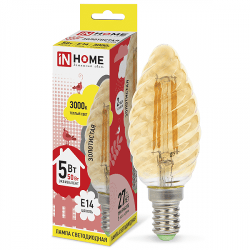 Купить Лампа In-Home Deco Свеча витая золотистая 5W Е14 3000К светодиодная по низкой цене