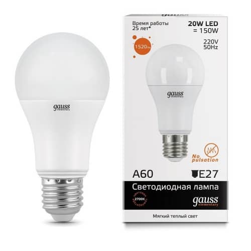 Купить Лампа Gauss 23219 Elementary A60 20W E27 2700K светодиодная по низкой цене