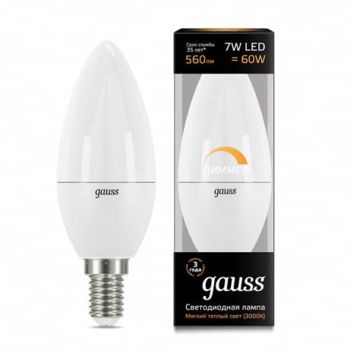 Купить Лампа Gauss 103101107-D Candle-dim E14 7W 3000К диммируемая светодиодная по низкой цене