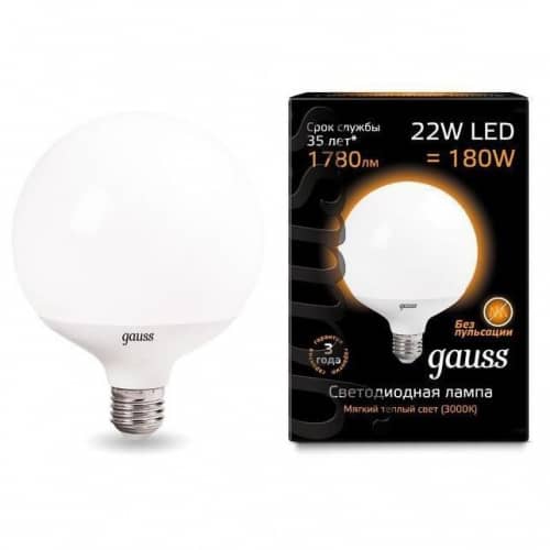 Купить Лампа Gauss 105102122 G125 E27 22W 3000K светодиодная по низкой цене