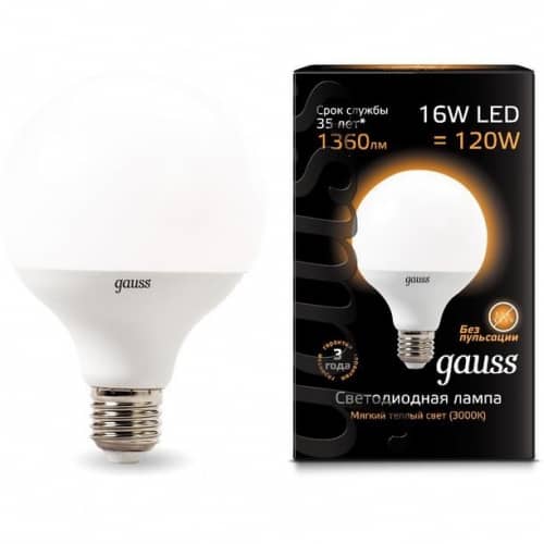 Купить Лампа Gauss 105102116 G95 E27 16W 3000K светодиодная по низкой цене