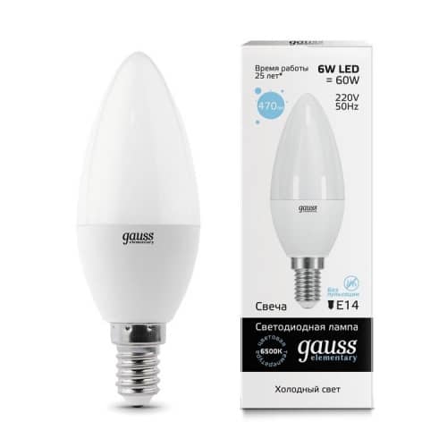 Купить Лампа Gauss 33136 Elementary Свеча 6W E14 6500K светодиодная по низкой цене
