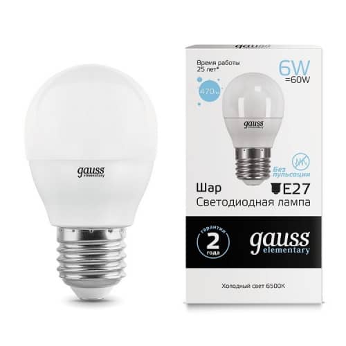 Купить Лампа Gauss 53236 Elementary Шар 6W E27 6500K светодиодная по низкой цене