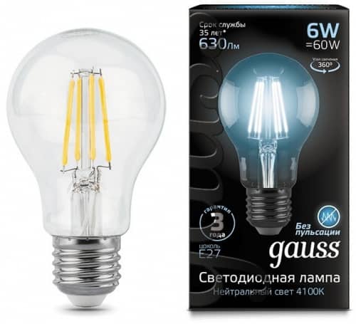 Купить Лампа Gauss 102802206 Filament A60 6W E27 4100К светодиодная по низкой цене
