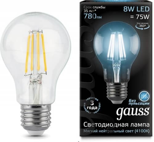 Купить Лампа Gauss 102802208 Filament A60 8W E27 4100К светодиодная по низкой цене