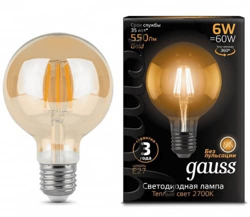 Купить Лампа Gauss 105802006 Filament G95 6W E27 Golden 2400К светодиодная по низкой цене