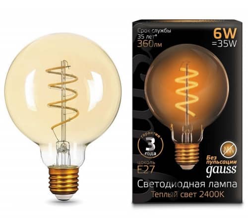 Купить Лампа Gauss 105802007 Filament G95 Flexible 6W E27 Golden 2400К светодиодная по низкой цене