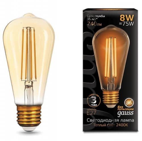 Купить Лампа Gauss 157802008 Filament ST64 8W E27 Golden 2400К светодиодная по низкой цене